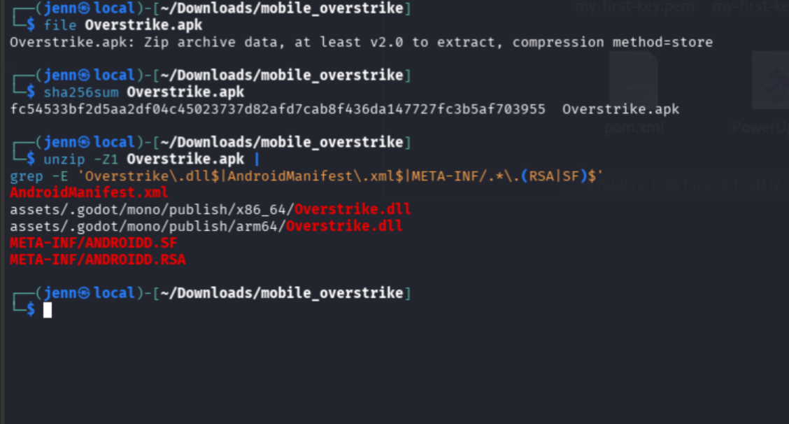 APK component listing showing Overstrike.dll, AndroidManifest.xml, and signing metadata